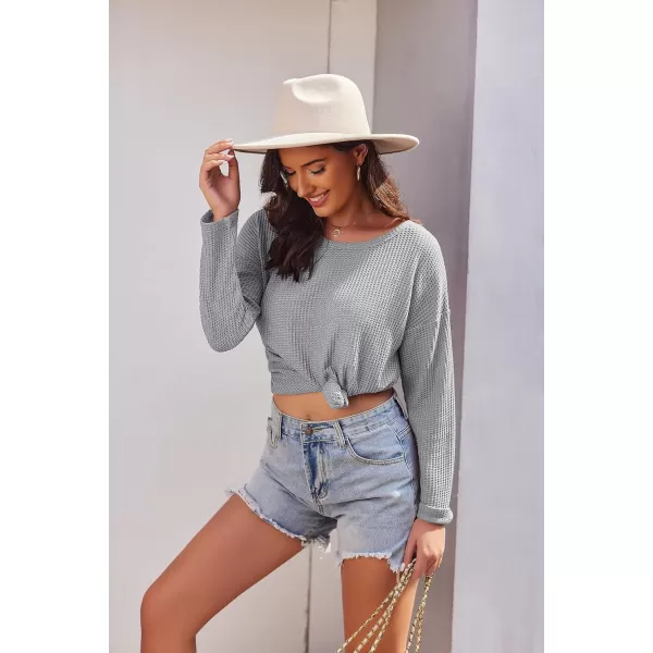 Ekouaer Womens Waffle Knit Pajama Sets Long Sleeve Top and Wide Leg Pants Matching Lounge Sets with Pockets Fall Fashion 2023Light Grey