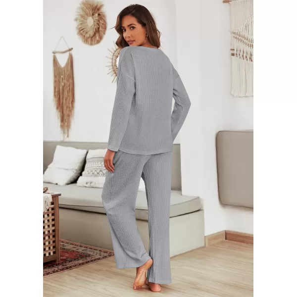 Ekouaer Womens Waffle Knit Pajama Sets Long Sleeve Top and Wide Leg Pants Matching Lounge Sets with Pockets Fall Fashion 2023Light Grey