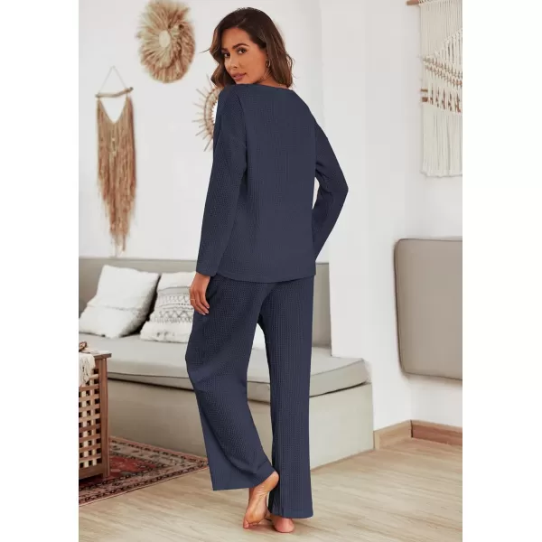 Ekouaer Womens Waffle Knit Pajama Sets Long Sleeve Top and Wide Leg Pants Matching Lounge Sets with Pockets Fall Fashion 2023Navy Blue