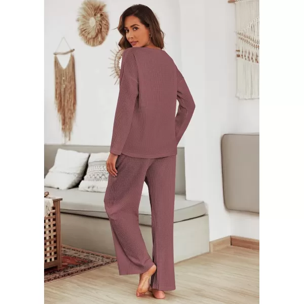 Ekouaer Womens Waffle Knit Pajama Sets Long Sleeve Top and Wide Leg Pants Matching Lounge Sets with Pockets Fall Fashion 2023Rose Red