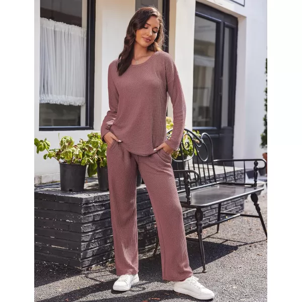 Ekouaer Womens Waffle Knit Pajama Sets Long Sleeve Top and Wide Leg Pants Matching Lounge Sets with Pockets Fall Fashion 2023Rose Red