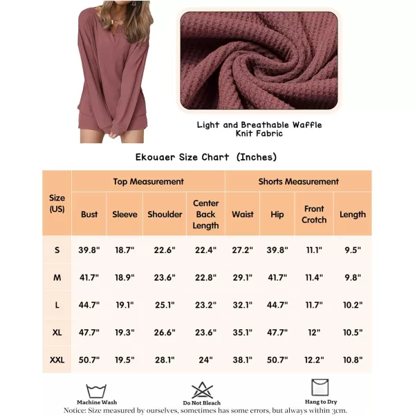 Ekouaer Womens Waffle Knit Pajamas Lounge Set Long Sleeve Top and Shorts 2 Piece Loungewear with PocketsArose Red