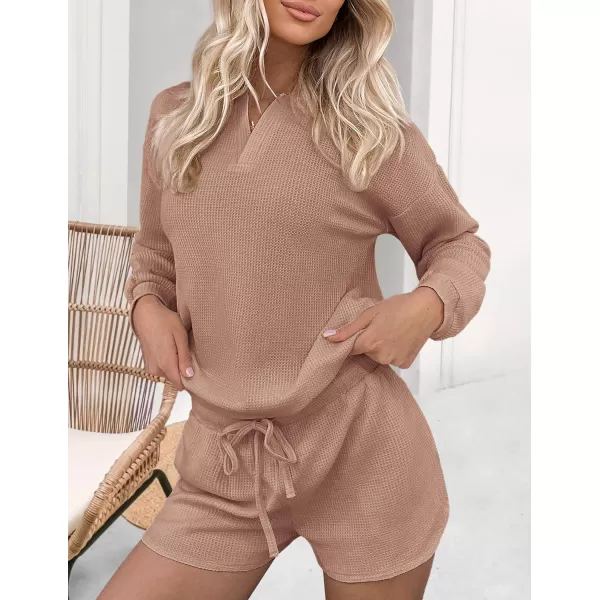 Ekouaer Womens Waffle Knit Pajamas Lounge Set Long Sleeve Top and Shorts 2 Piece Loungewear with PocketsBeige