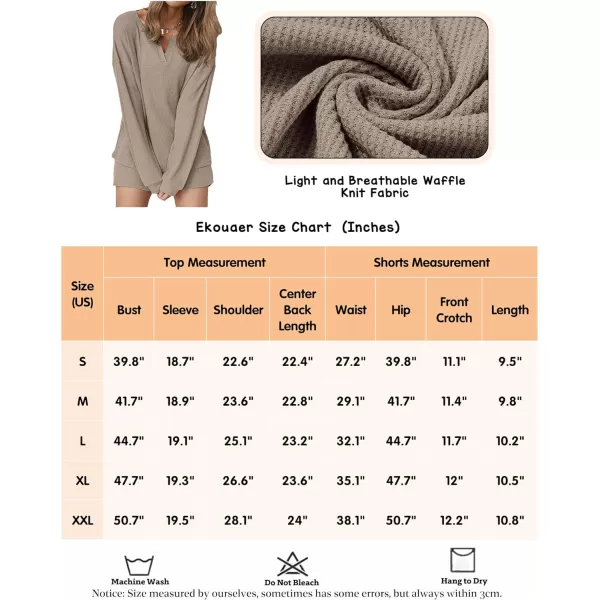 Ekouaer Womens Waffle Knit Pajamas Lounge Set Long Sleeve Top and Shorts 2 Piece Loungewear with PocketsBeige