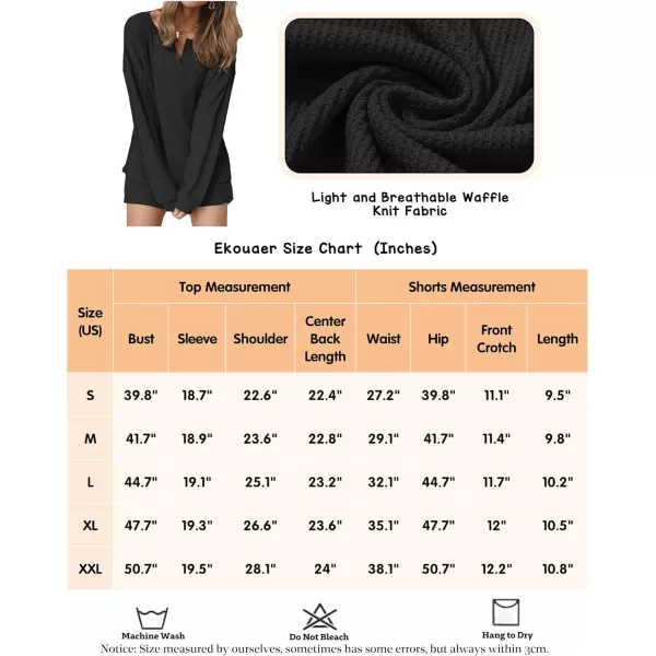 Ekouaer Womens Waffle Knit Pajamas Lounge Set Long Sleeve Top and Shorts 2 Piece Loungewear with PocketsBlack