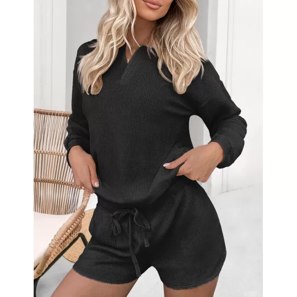 Ekouaer Womens Waffle Knit Pajamas Lounge Set Long Sleeve Top and Shorts 2 Piece Loungewear with PocketsBlack