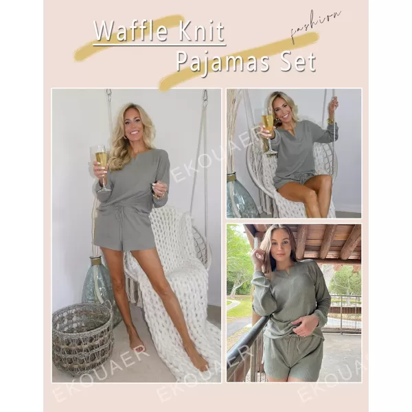 Ekouaer Womens Waffle Knit Pajamas Lounge Set Long Sleeve Top and Shorts 2 Piece Loungewear with PocketsBlue Green