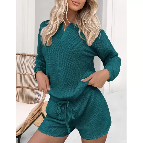 Ekouaer Womens Waffle Knit Pajamas Lounge Set Long Sleeve Top and Shorts 2 Piece Loungewear with PocketsBlue Green