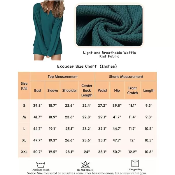 Ekouaer Womens Waffle Knit Pajamas Lounge Set Long Sleeve Top and Shorts 2 Piece Loungewear with PocketsChristmas Green