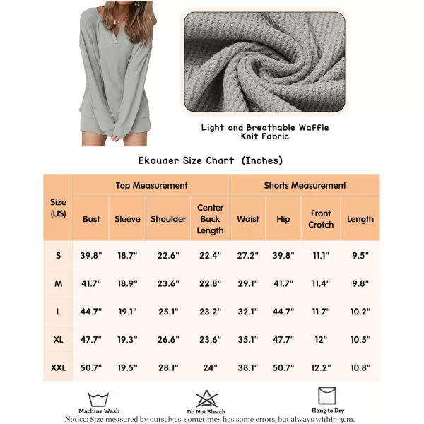 Ekouaer Womens Waffle Knit Pajamas Lounge Set Long Sleeve Top and Shorts 2 Piece Loungewear with PocketsDark Gray
