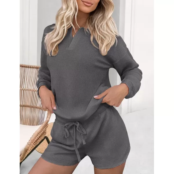 Ekouaer Womens Waffle Knit Pajamas Lounge Set Long Sleeve Top and Shorts 2 Piece Loungewear with PocketsDark Gray