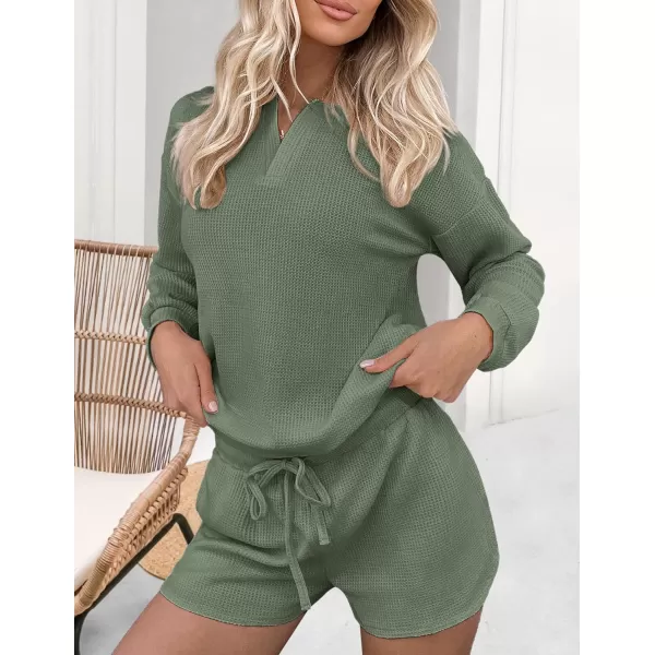 Ekouaer Womens Waffle Knit Pajamas Lounge Set Long Sleeve Top and Shorts 2 Piece Loungewear with PocketsDark Green