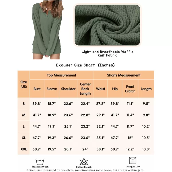 Ekouaer Womens Waffle Knit Pajamas Lounge Set Long Sleeve Top and Shorts 2 Piece Loungewear with PocketsDark Green