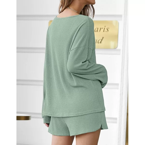 Ekouaer Womens Waffle Knit Pajamas Lounge Set Long Sleeve Top and Shorts 2 Piece Loungewear with PocketsGray Green