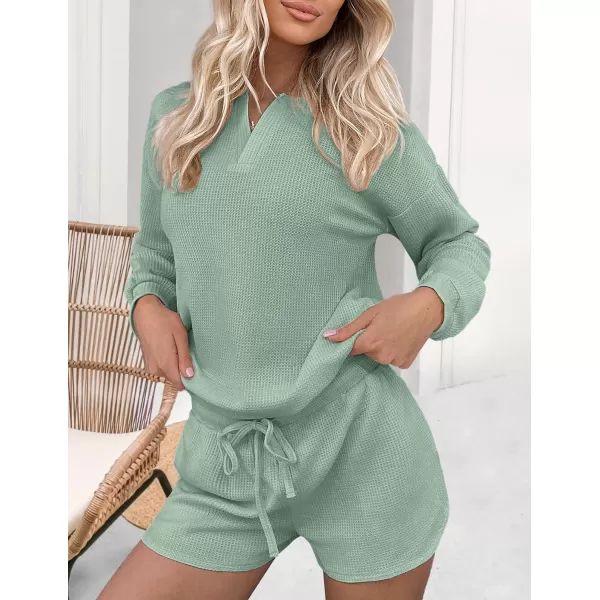 Ekouaer Womens Waffle Knit Pajamas Lounge Set Long Sleeve Top and Shorts 2 Piece Loungewear with PocketsGray Green