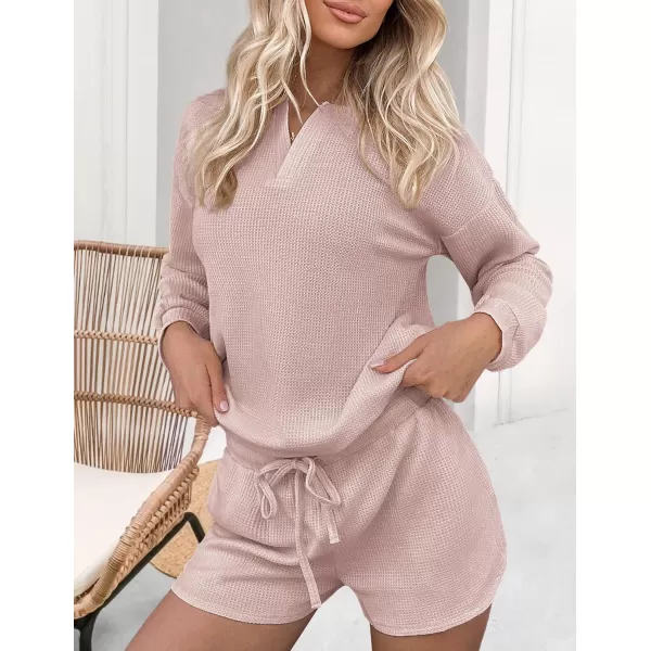 Ekouaer Womens Waffle Knit Pajamas Lounge Set Long Sleeve Top and Shorts 2 Piece Loungewear with PocketsLight Pink