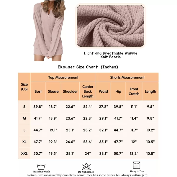 Ekouaer Womens Waffle Knit Pajamas Lounge Set Long Sleeve Top and Shorts 2 Piece Loungewear with PocketsLight Pink