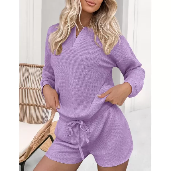 Ekouaer Womens Waffle Knit Pajamas Lounge Set Long Sleeve Top and Shorts 2 Piece Loungewear with PocketsLilac