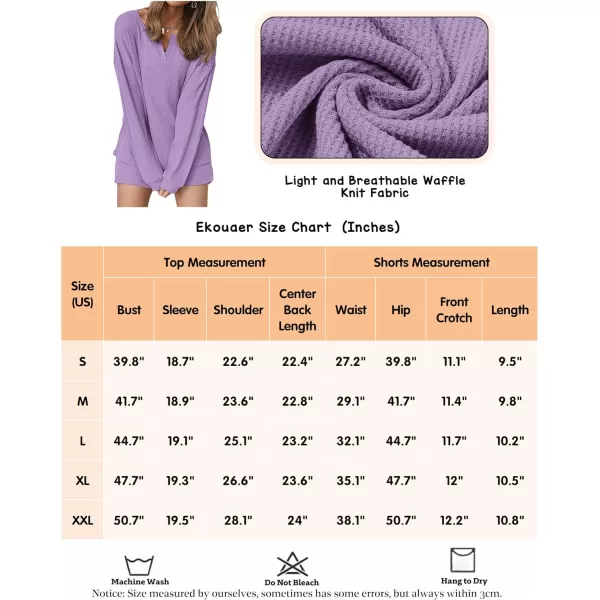 Ekouaer Womens Waffle Knit Pajamas Lounge Set Long Sleeve Top and Shorts 2 Piece Loungewear with PocketsLilac