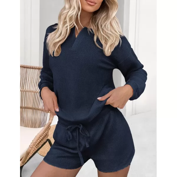 Ekouaer Womens Waffle Knit Pajamas Lounge Set Long Sleeve Top and Shorts 2 Piece Loungewear with PocketsNavy Blue