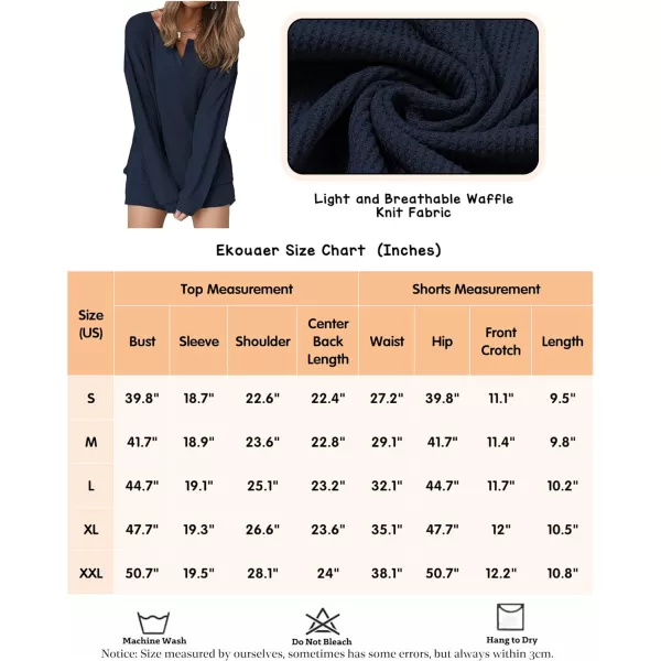 Ekouaer Womens Waffle Knit Pajamas Lounge Set Long Sleeve Top and Shorts 2 Piece Loungewear with PocketsNavy Blue