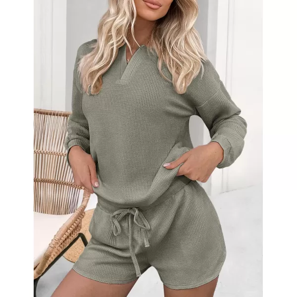 Ekouaer Womens Waffle Knit Pajamas Lounge Set Long Sleeve Top and Shorts 2 Piece Loungewear with PocketsOlive Green