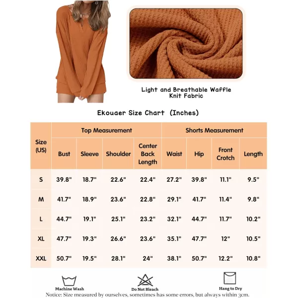 Ekouaer Womens Waffle Knit Pajamas Lounge Set Long Sleeve Top and Shorts 2 Piece Loungewear with PocketsOrange