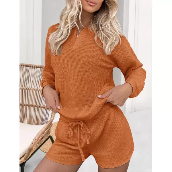 Ekouaer Womens Waffle Knit Pajamas Lounge Set Long Sleeve Top and Shorts 2 Piece Loungewear with PocketsOrange