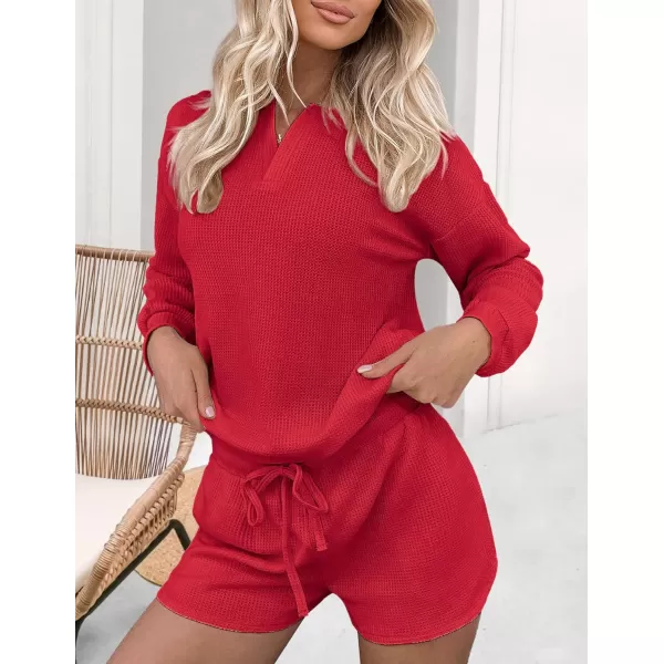 Ekouaer Womens Waffle Knit Pajamas Lounge Set Long Sleeve Top and Shorts 2 Piece Loungewear with PocketsRed