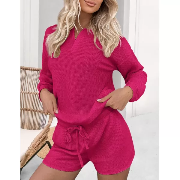 Ekouaer Womens Waffle Knit Pajamas Lounge Set Long Sleeve Top and Shorts 2 Piece Loungewear with PocketsRose