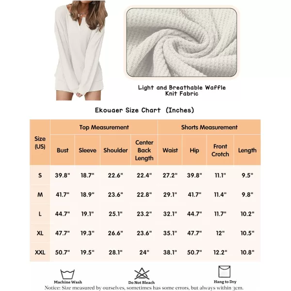 Ekouaer Womens Waffle Knit Pajamas Lounge Set Long Sleeve Top and Shorts 2 Piece Loungewear with PocketsWhite