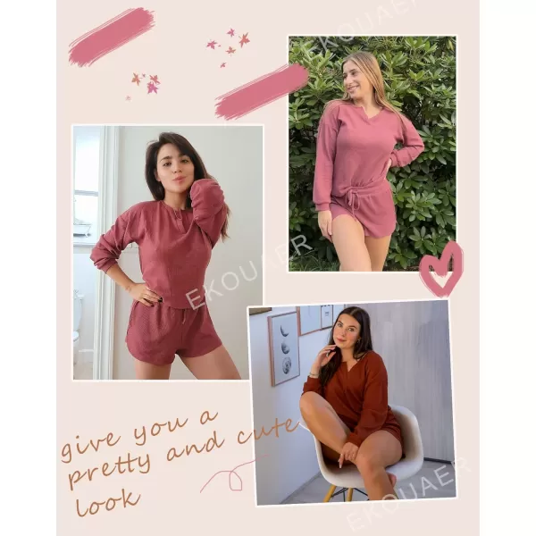 Ekouaer Womens Waffle Knit Pajamas Lounge Set Long Sleeve Top and Shorts 2 Piece Loungewear with PocketsWine Red