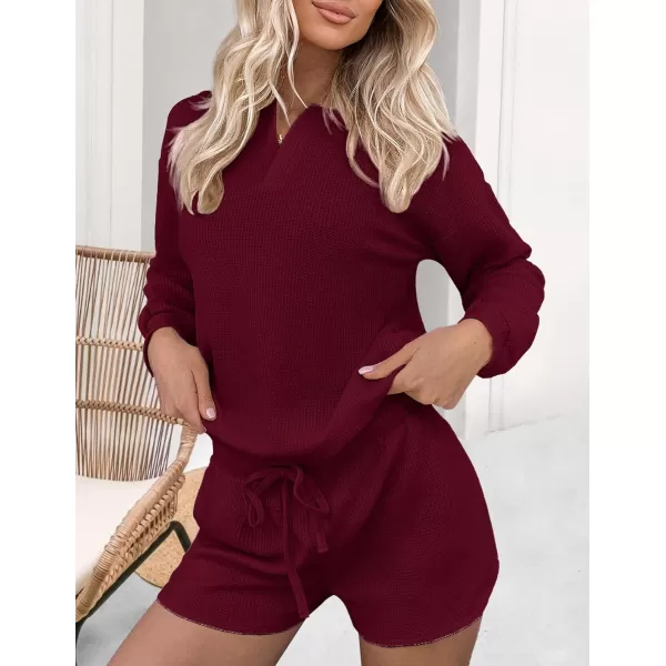 Ekouaer Womens Waffle Knit Pajamas Lounge Set Long Sleeve Top and Shorts 2 Piece Loungewear with PocketsWine Red