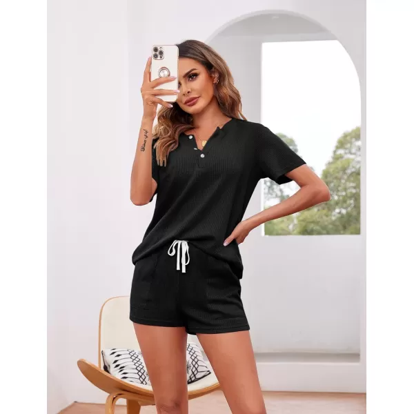 Ekouaer Womens Waffle Knit Pajamas Set Short Sleeve Top with Shorts Matching Lounge Sets Loungewear Sweatsuit with PocketsA01 Black