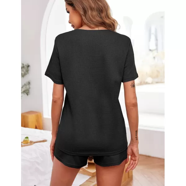 Ekouaer Womens Waffle Knit Pajamas Set Short Sleeve Top with Shorts Matching Lounge Sets Loungewear Sweatsuit with PocketsA01 Black