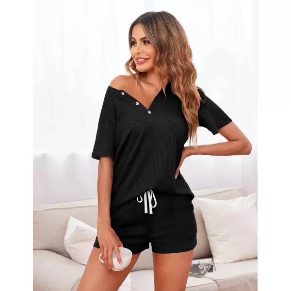 Ekouaer Womens Waffle Knit Pajamas Set Short Sleeve Top with Shorts Matching Lounge Sets Loungewear Sweatsuit with PocketsA01 Black