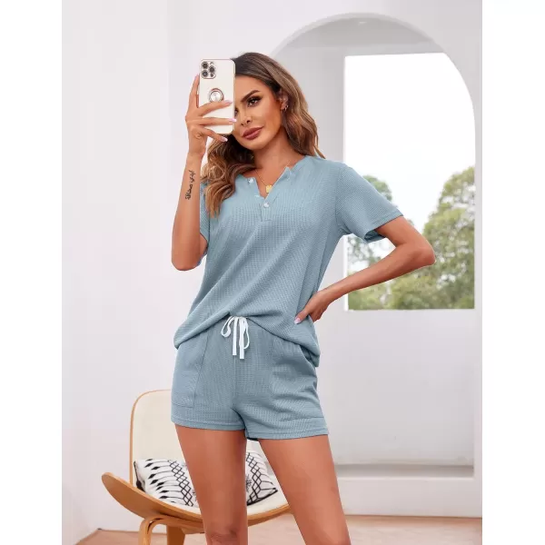 Ekouaer Womens Waffle Knit Pajamas Set Short Sleeve Top with Shorts Matching Lounge Sets Loungewear Sweatsuit with PocketsA02 Light Blue