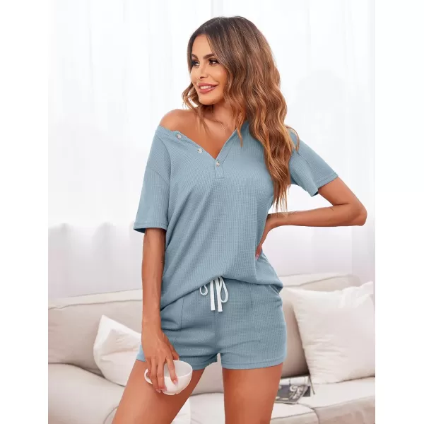 Ekouaer Womens Waffle Knit Pajamas Set Short Sleeve Top with Shorts Matching Lounge Sets Loungewear Sweatsuit with PocketsA02 Light Blue