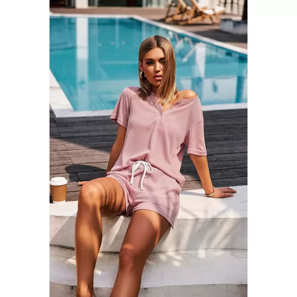Ekouaer Womens Waffle Knit Pajamas Set Short Sleeve Top with Shorts Matching Lounge Sets Loungewear Sweatsuit with PocketsA03 Pink