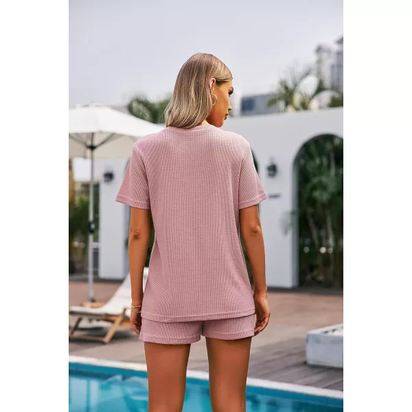 Ekouaer Womens Waffle Knit Pajamas Set Short Sleeve Top with Shorts Matching Lounge Sets Loungewear Sweatsuit with PocketsA03 Pink