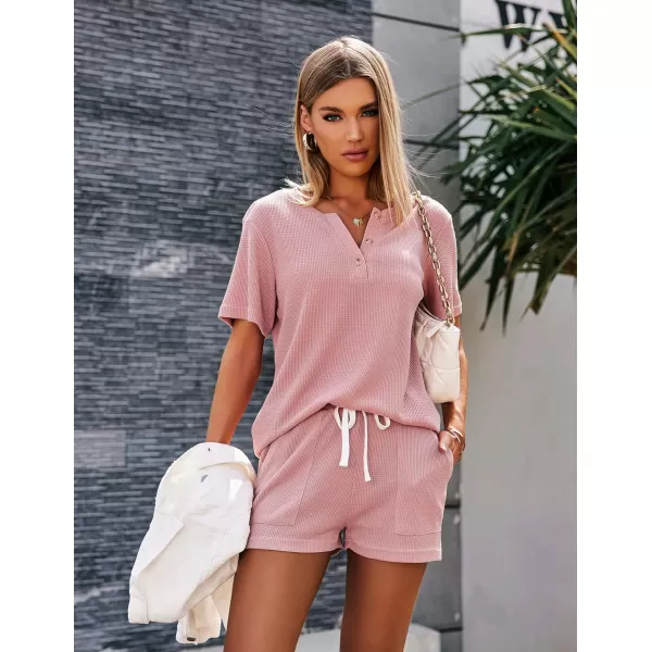 Ekouaer Womens Waffle Knit Pajamas Set Short Sleeve Top with Shorts Matching Lounge Sets Loungewear Sweatsuit with PocketsA03 Pink