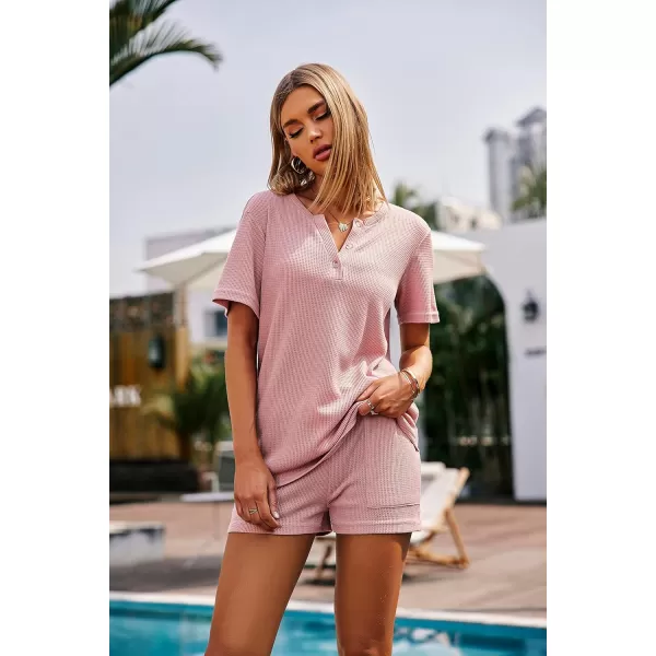 Ekouaer Womens Waffle Knit Pajamas Set Short Sleeve Top with Shorts Matching Lounge Sets Loungewear Sweatsuit with PocketsA03 Pink