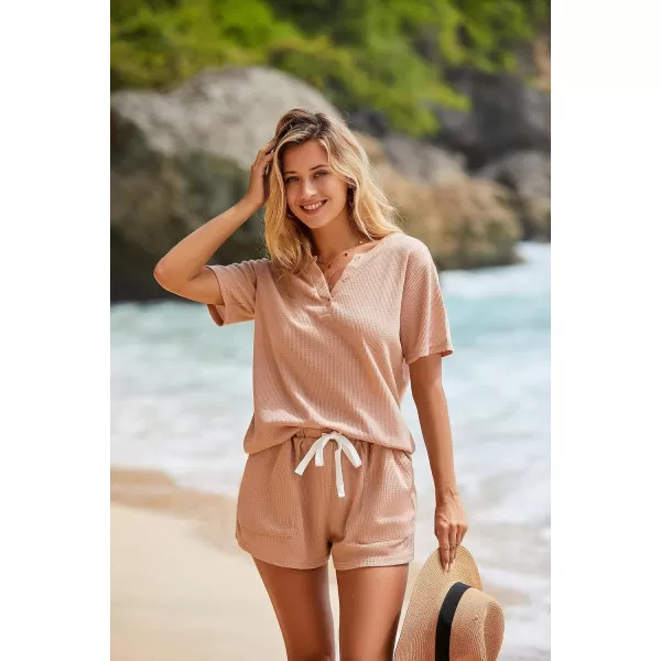 Ekouaer Womens Waffle Knit Pajamas Set Short Sleeve Top with Shorts Matching Lounge Sets Loungewear Sweatsuit with PocketsA04 Khaki