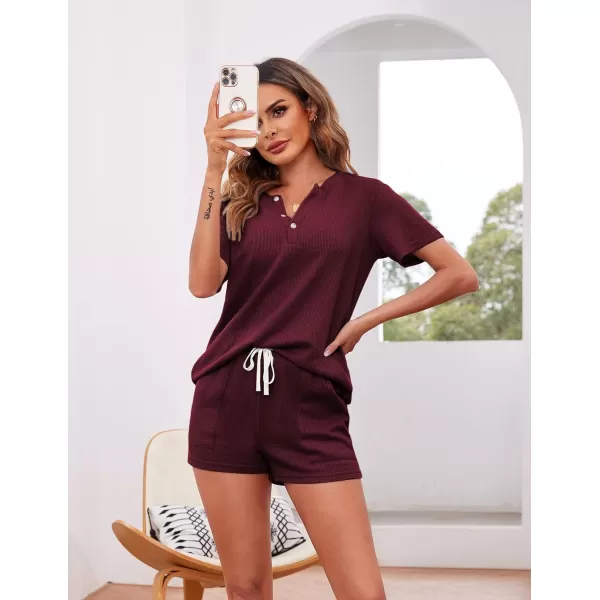 Ekouaer Womens Waffle Knit Pajamas Set Short Sleeve Top with Shorts Matching Lounge Sets Loungewear Sweatsuit with PocketsA05 Wine Red