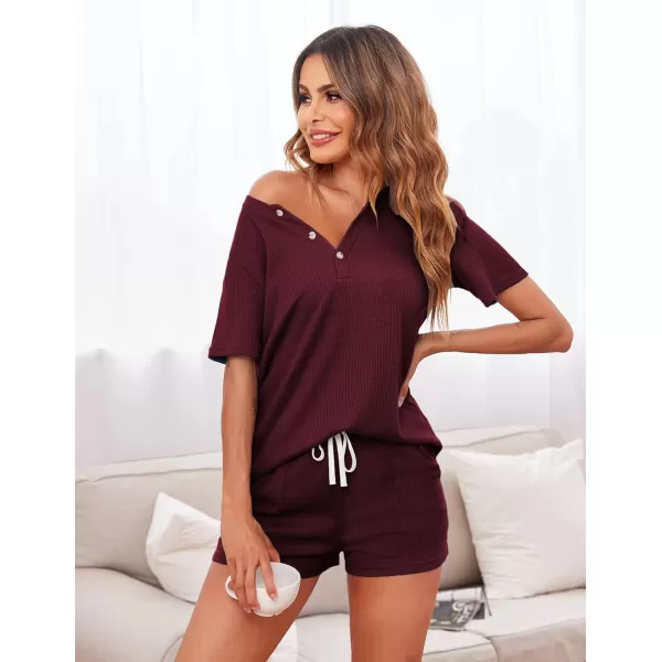 Ekouaer Womens Waffle Knit Pajamas Set Short Sleeve Top with Shorts Matching Lounge Sets Loungewear Sweatsuit with PocketsA05 Wine Red