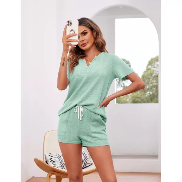 Ekouaer Womens Waffle Knit Pajamas Set Short Sleeve Top with Shorts Matching Lounge Sets Loungewear Sweatsuit with PocketsA07 Light Green