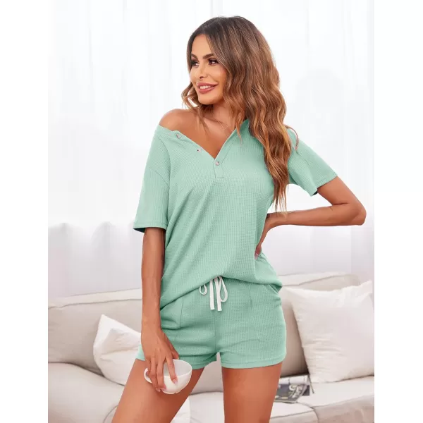 Ekouaer Womens Waffle Knit Pajamas Set Short Sleeve Top with Shorts Matching Lounge Sets Loungewear Sweatsuit with PocketsA07 Light Green