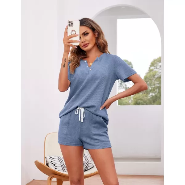 Ekouaer Womens Waffle Knit Pajamas Set Short Sleeve Top with Shorts Matching Lounge Sets Loungewear Sweatsuit with PocketsA09 Navy Blue