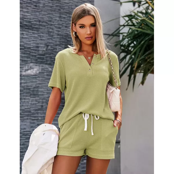 Ekouaer Womens Waffle Knit Pajamas Set Short Sleeve Top with Shorts Matching Lounge Sets Loungewear Sweatsuit with PocketsA10 Green