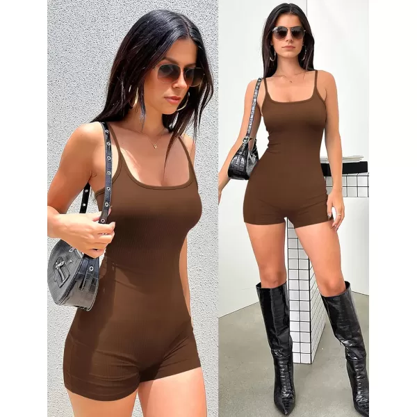 Ekouaer Womens Workout Romper Ribbed Unitard Stretch One Piece Short Jumpsuits Yoga Sleeveless Adjustable Outfits 2024Brown